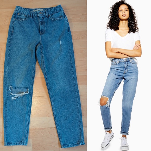 Topshop Moto Mom High Rise Distressed Ripped Knee Jeans SZ 26 - Picture 1 of 12